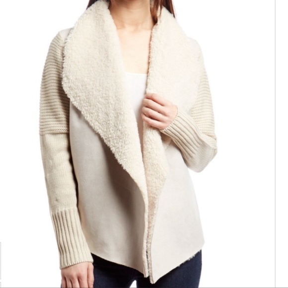 Chelsea & Theodore Sweaters - Chelsea & Theodore Women's Cream Rib Knit Open Cardigan Sherpa Lining